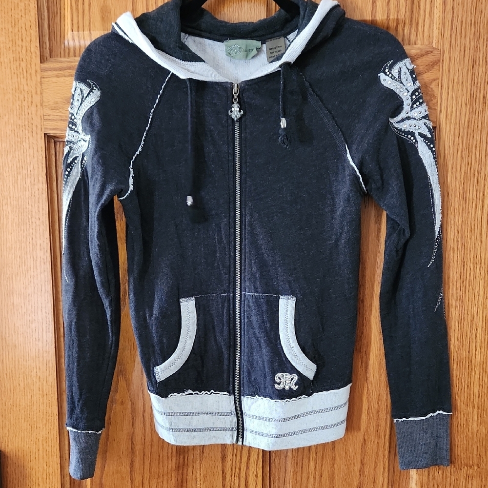 Miss Me Charcoal Gray Rhinestone Wings Hoodie